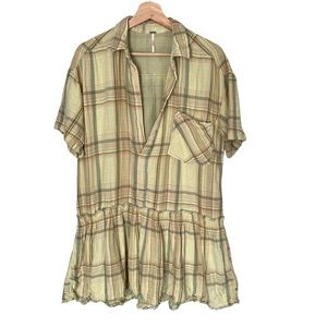 Free People S Plaid Shirt Tunic Babydoll Dress Button Down Cream Green